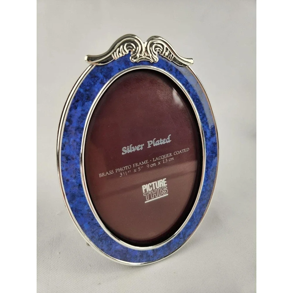 Vtg Picture This Silver Plated 3.5x5 Brass Photo Frame Lacquer Coated Blue Oval‎